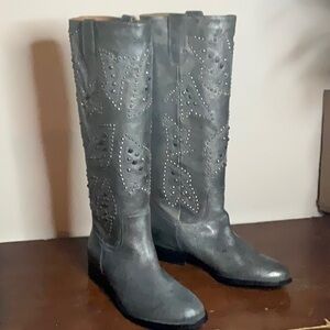 frye & co Pewter Distressed‎ Leather Studded Phoenix Pull-on Cowboy Boots New